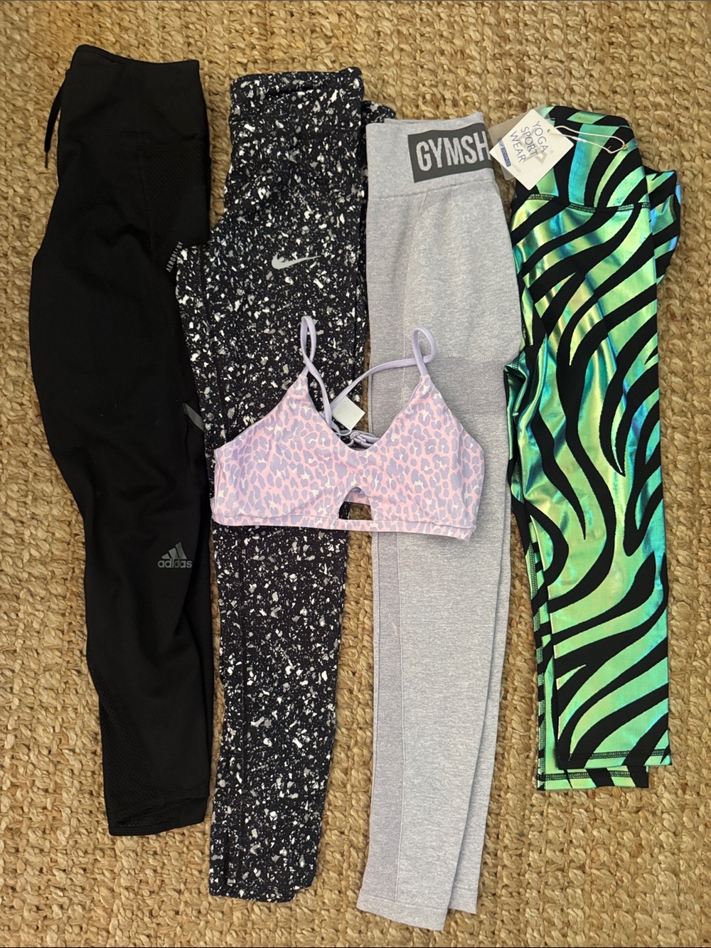Nike, gym shark, adidas, wolven threads bundle leggings, sports bra capris xs-sm
